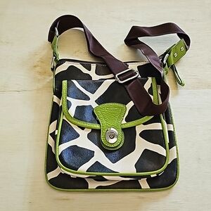 Purse or bag brown and cream giraffe print with green accents